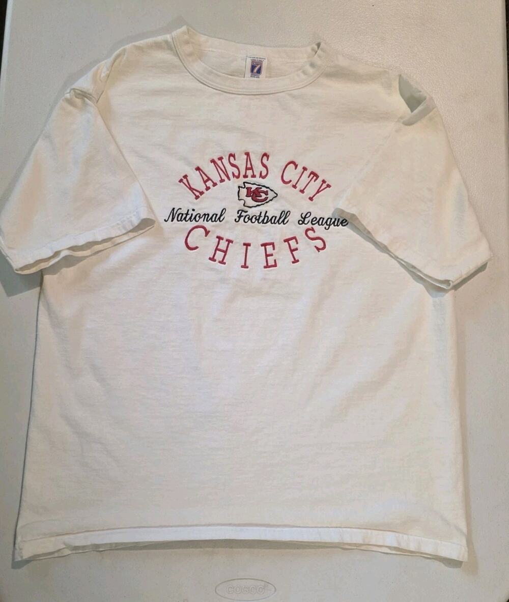 Vintage Logo 7 Kansas City Chiefs T Shirt XL White NFL Football USA Cotton